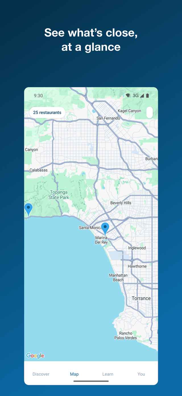 The Ocean Conscious Restaurants app showing the map view with pins for certified restaurants and a preview card for the selected one